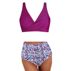 Wrapped Tank Bikini Top, Lace-up Back & Floral High Waist Bottom Separates NWT